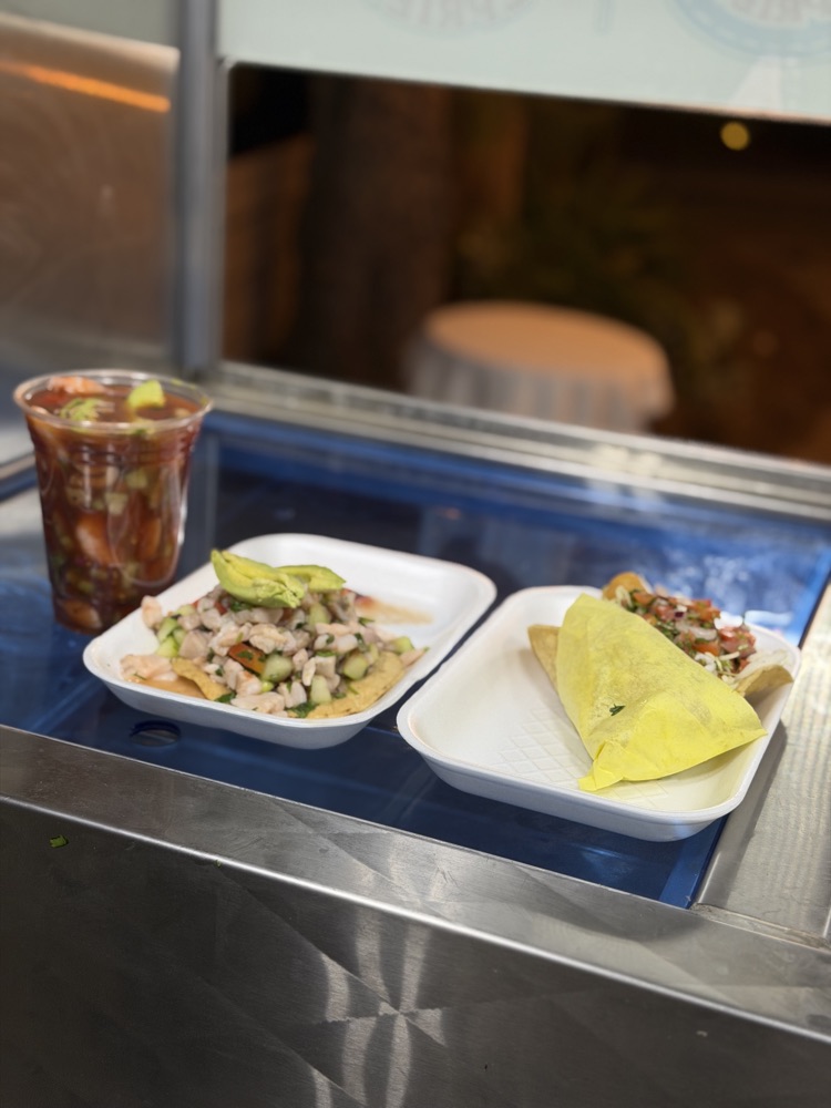 Seafood cocktail, ceviche tostada and tacos
