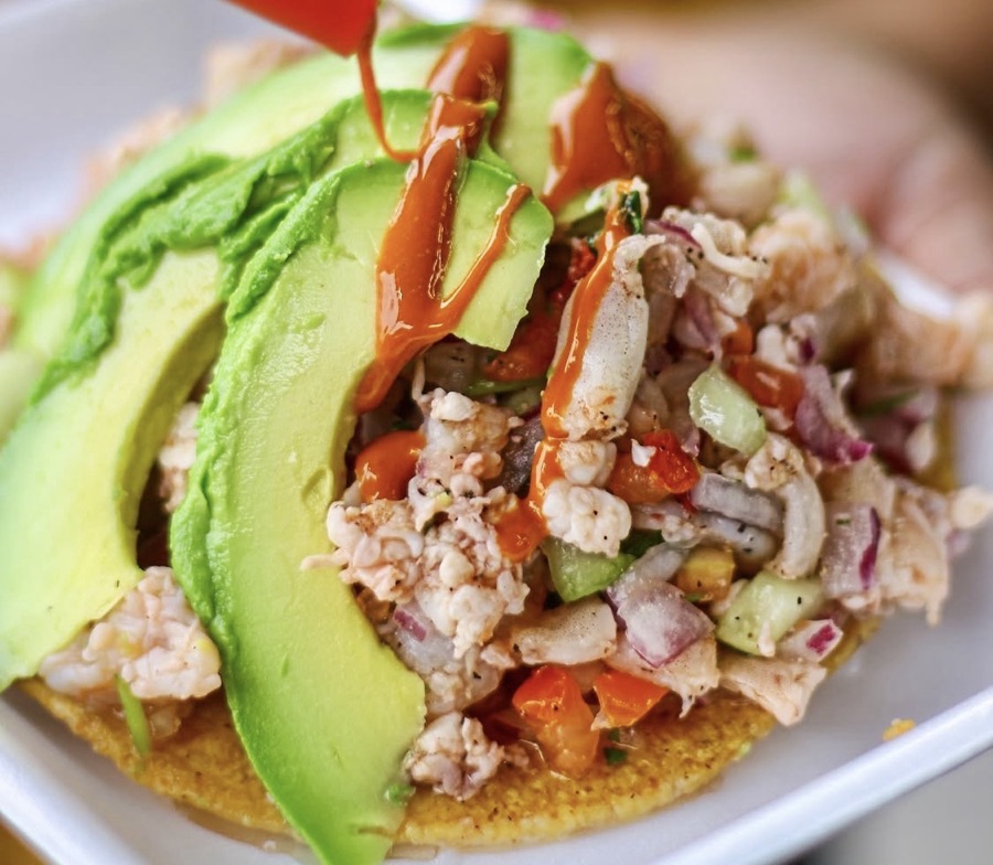 Ceviche tostada with avocado